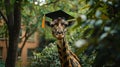 A giraffe wearing a graduation cap, standing tall among towering trees. Education and graduation