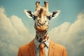 Giraffe wearing human clothes, stylish businessman, cloudy background