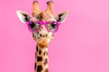 Giraffe Wearing Pink Sunglasses on Pink Background