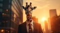 A giraffe wearing a suit and tie with city in the background, AI