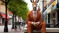 A giraffe wearing a suit and tie sitting on a bench, AI