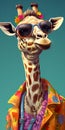 A giraffe wearing sunglasses and a colorful shirt. Generative AI image.