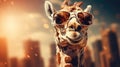 A giraffe wearing sunglasses and looking at the camera, AI