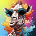 Giraffe wearing sunglasses with splash of paint in the background
