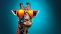 A giraffe wearing sunglasses up close