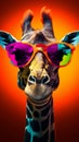 A giraffe wearing sunglasses up close