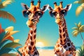 Giraffe Wearing Sunglasses, Vibrant Cartoon Style, Striking a Playful Pose, Isolated on a Solid Color