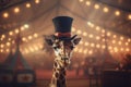 A giraffe wearing a top hat in a circus tent. Generative AI image.