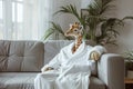 Giraffe in white bathrobe lounging at home, concept of leisure and unique home lifestyle.