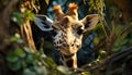 Giraffe in the wild, looking cute, standing in green meadow generated by AI