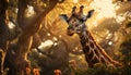 Giraffe in the wild, sunset, beauty in nature generated by AI