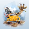 Giraffe and zebra travel in a yellow car