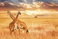 Giraffes against sunset in the african savanna. Wild nature of Africa Royalty Free Stock Photo