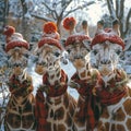 Giraffes dressed as snowman, winter scene Royalty Free Stock Photo