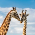 Giraffes kissing in the savannah