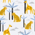 Colorful seamless pattern with giraffes, leopards, palm trees. Decorative cute background with funny animals, garden