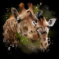 Giraffes, mother and cub watercolor illustration