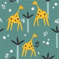 Colorful seamless pattern with happy giraffes, palm trees, flowers. Decorative cute background with funny animals