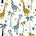 Giraffes and palm trees, seamless pattern