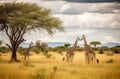 Giraffes savannah tree bushes. Generate Ai