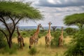 Giraffes savannah tree. Generate Ai