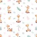Giraffes seamless pattern, nursery adorable fabric print. Children giraffe characters, baby animals background. Jungle