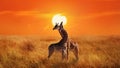 Giraffes in the Serengeti National Park. Africa. Tanzania. Sunset background