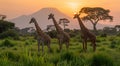 Giraffes standing on green grass on large safari valley sunset background.Macro.AI Generative Royalty Free Stock Photo