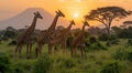 Giraffes standing on green grass on large safari valley sunset background.Macro.AI Generative Royalty Free Stock Photo