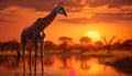 Giraffes standing in water with the sunset behind them