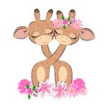 Giraffes Valentines Day entwined necks Couple of cute lovers giraffes with closed eyes with cute eyelashes with flowers