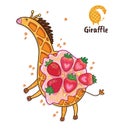 Fancy waffle dessert in the form of a giraffe with whipped cream and strawberries. Tasty giraffe art. Royalty Free Stock Photo