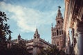 The Giralda view from the Patio de BAnderas square Royalty Free Stock Photo