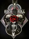 A guitar with a rose and two skulls, it's a rock n roll