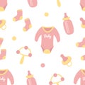 Seamless pattern for babyshower. Feeding bottles, pacifier, baby socks