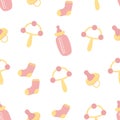 Seamless pattern for babyshower. Feeding bottles, pacifier, baby socks