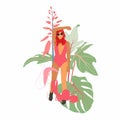 Romantic girl with flower. Stylish sun-tanned lady dressed in trendy swimsuit with tropical leaves and flowers.