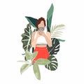 Flat concept illustration of young woman taking selfie in a mirror with her face hidden behind smartphone with tropical leaves beh