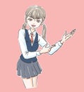 Vector illustration of a school girl in a uniform showing blank space with both hands. Royalty Free Stock Photo