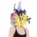 Spring. Summer. Cute illustration of a woman with flowers head, young people for a poster, card, flyer or banner or t-shirt print.