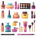 Girl accessories, beauty and makeup flat vector icons. Cosmetics and perfume pictograms