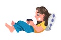 Girl Addicted to Gadget Lying on Pillow and Playing Video Game with Console Vector Illustration