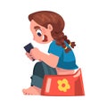 Girl Addicted to Gadget Sitting on Pottie and Playing Video Game with Console Vector Illustration.