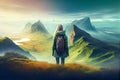 girl admires the mountains on the green slope. Generative AI, Generative, AI