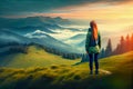 girl admires the mountains on the green slope. Generative AI, Generative, AI