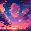 Girl Admiring Sunset Under Evening Sky with Clouds