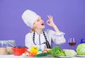 Girl adorable chef teach culinary. Best culinary recipes to try at home. Amazing taste. Turn ingredients into delicious Royalty Free Stock Photo