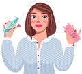 A girl advertises a cosmetics blogging about beauty. Facial funds morning cleanser and sleek mist