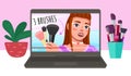 Girl advertises three makeup brushes. Beautiful girl paints her eyes on video. Cosmetic on the table