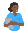 The girl is an African-American doctor smiling in a medical uniform with a folder. The nurse communicates with patients